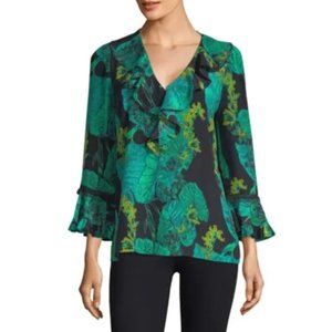 Kobi Halperin Yardi Leaf Print Ruffle Trim Blouse 100% Silk Sea Green Size Large